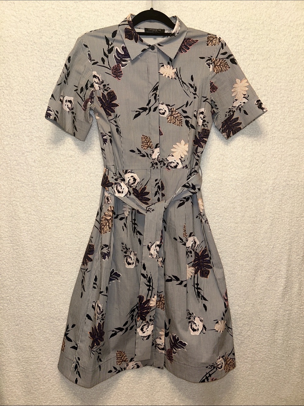 Lafayette 148 New York Floral Pinstripe Shirt Dress in Gray, Navy and Beige